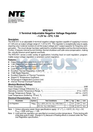 NTE1911 datasheet - 3 Terminal Adjustable Negative Voltage Regulator -1.2V to -37V, 1.5A
