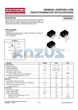 MOC8204 datasheet - GENERAL PURPOSE 6-PIN PHOTOTRANSISTOR OPTOCOUPLERS