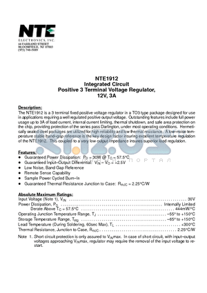 NTE1912 datasheet - Integrated Circuit Positive 3 Terminal Voltage Regulator, 12V, 3A