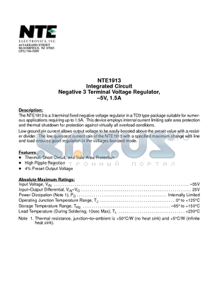 NTE1913 datasheet - Integrated Circuit Negative 3 Terminal Voltage Regulator, -5V, 1.5A