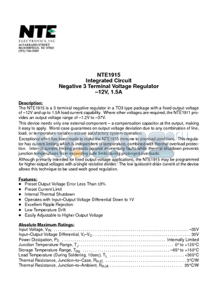 NTE1915 datasheet - Integrated Circuit Negative 3 Terminal Voltage Regulator -12V, 1.5A