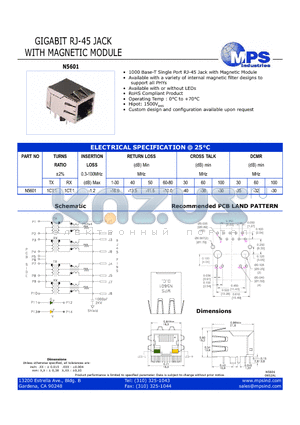 N5601 datasheet - GIGABIT RJ-45 JACK WITH MAGNETIC MODULE