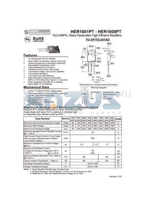 HER1605PT datasheet - 16.0 AMPS. Glass Passivated High Efficient Rectifiers