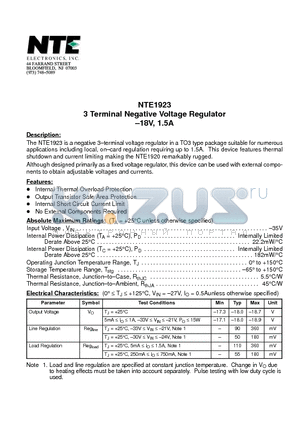 NTE1923 datasheet - 3 Terminal Negative Voltage Regulator -18V, 1.5A