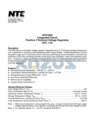 NTE1924 datasheet - Integrated Circuit Positive 3 Terminal Voltage Regulator, 24V, 1.5A