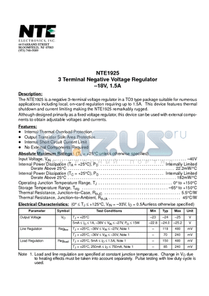NTE1925 datasheet - 3 Terminal Negative Voltage Regulator -18V, 1.5A