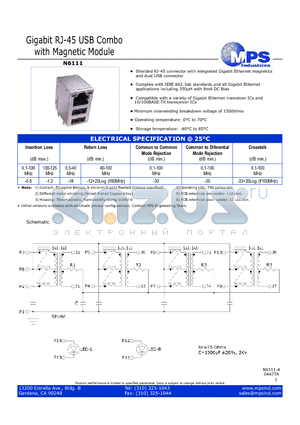 N6111 datasheet - Gigabit RJ-45 USB Combo with Magnetic Module