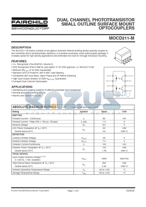 MOCD211-M datasheet - DUAL CHANNEL PHOTOTRANSISTOR SMALL OUTLINE SURFACE MOUNT OPTOCOUPLERS