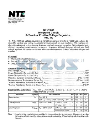NTE1932 datasheet - Integrated Circuit 3-Terminal Positive Voltage Regulator, 10V, 1A