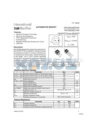 IRF2903ZLPBF datasheet - AUTOMOTIVE MOSFET