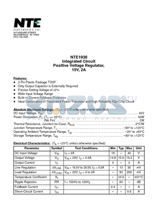 NTE1938 datasheet - Integrated Circuit Positive Voltage Regulator, 15V, 2A
