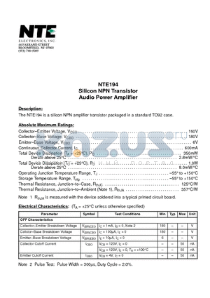 NTE194 datasheet - Silicon NPN Transistor Audio Power Amplifier