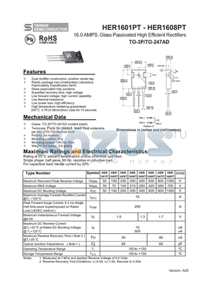 HER1606PT datasheet - 16.0 AMPS. Glass Passivated High Efficient Rectifiers