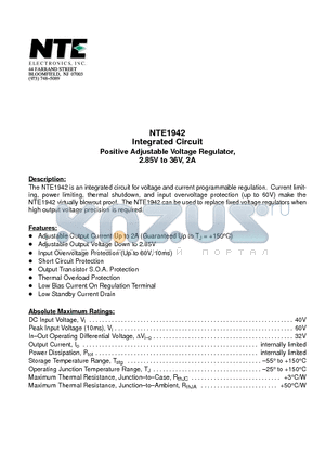 NTE1942 datasheet - Integrated Circuit Positive Adjustable Voltage Regulator, 2.85V to 36V, 2A