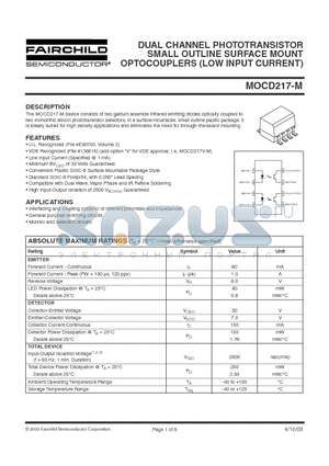 MOCD217-M datasheet - DUAL CHANNEL PHOTOTRANSISTOR SMALL OUTLINE SURFACE MOUNT OPTOCOUPLERS (LOW INPUT CURRENT)