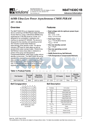 N64T1630C1BZ datasheet - 64Mb Ultra-Low Power Asynchronous CMOS PSRAM 4M  16 Bits