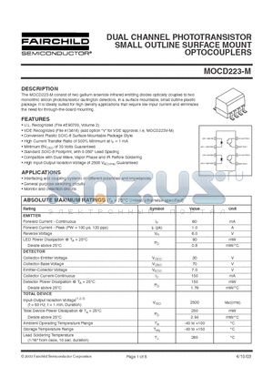 MOCD223-M datasheet - DUAL CHANNEL PHOTOTRANSISTOR SMALL OUTLINE SURFACE MOUNT OPTOCOUPLERS