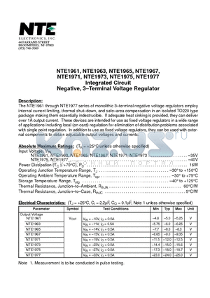 NTE1963 datasheet - Integrated Circuit Negative, 3-Terminal Voltage Regulator