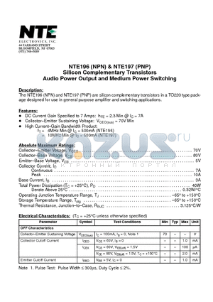 NTE196 datasheet - Silicon Complementary Transistors Audio Power Output and Medium Power Switching