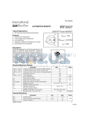 IRF3007 datasheet - AUTOMOTIVE MOSFET