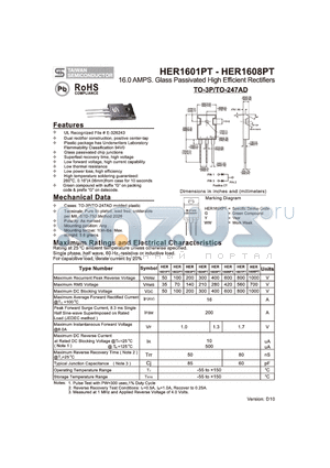 HER1607PT datasheet - 16.0 AMPS. Glass Passivated High Efficient Rectifiers