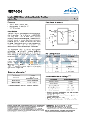 MD57-0001TR datasheet - Low Cost MMIC Mixer with Local Oscillator Amplifier 0.8 - 1.0 GHz