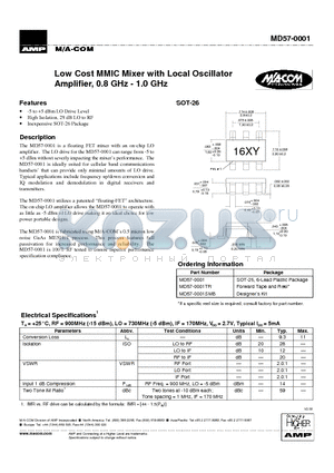 MD57-0001SMB datasheet - Low Cost MMIC Mixer with Local Oscillator Amplifier, 0.8 GHz - 1.0 GHz