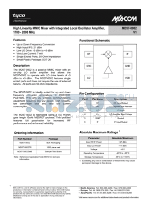 MD57-0002 datasheet - High Linearity MMIC Mixer with Integrated Local Oscillator Amplifier, 1700 - 2000 MHz