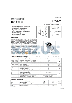 IRF3205 datasheet - Power MOSFET(Vdss=55V, Rds(on)=8.0mohm, Id=110A)