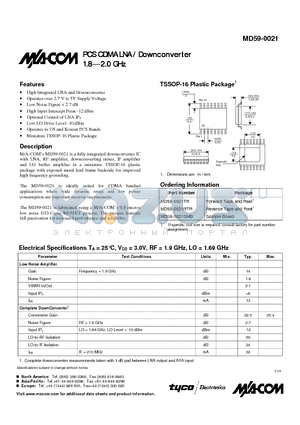 MD59-0021 datasheet - PCS CDMA LNA / Downconverter 1.8-2.0 GHz