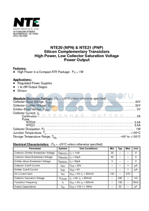 NTE20 datasheet - Silicon Complementary Transistors High Power, Low Collector Saturation Voltage Power Output