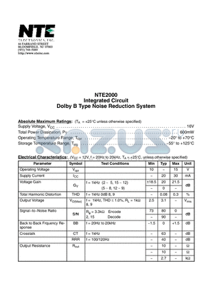 NTE2000 datasheet - Integrated Circuit Dolby B Type Noise Reduction System