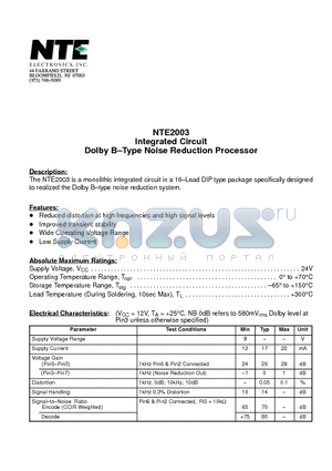 NTE2003 datasheet - Integrated Circuit Dolby B-Type Noise Reduction Processor