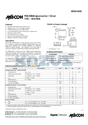 MD59-0022TR datasheet - PCS CDMA Upconverter / Driver 1710 1710.1910 MHz