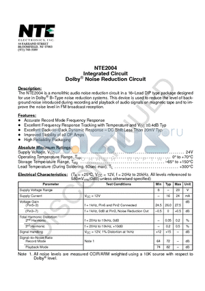 NTE2004 datasheet - Integrated Circuit Dolby Noise Reduction Circuit