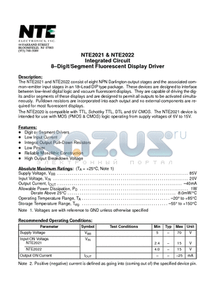 NTE2021 datasheet - Integrated Circuit 8-Digit/Segment Fluorescent Display Driver
