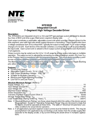 NTE2028 datasheet - Integrated Circuit 7-Segment High Voltage Decoder/Driver