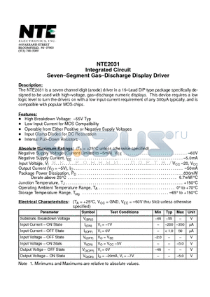NTE2031 datasheet - Integrated Circuit Seven-Segment Gas-Discharge Display Driver