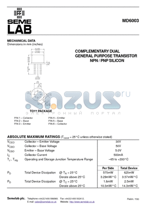 MD6003 datasheet - COMPLEMENTARY DUAL