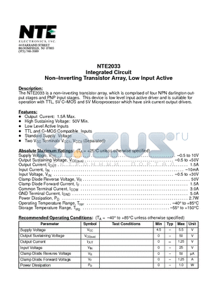 NTE2033 datasheet - Integrated Circuit Non-Inverting Transistor Array, Low Input Active