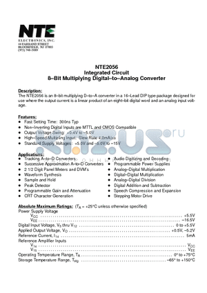 NTE2056 datasheet - Integrated Circuit 8-Bit Multiplying Digital-to-Analog Converter