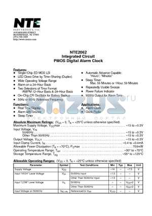 NTE2062 datasheet - Integrated Circuit PMOS Digital Alarm Clock