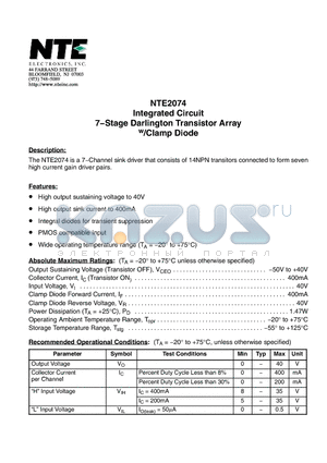 NTE2074 datasheet - Integrated Circuit 7−Stage Darlington Transistor Array w/Clamp Diode