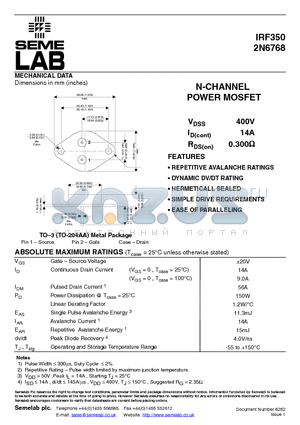 IRF350 datasheet - N-CHANNEL POWER MOSFET
