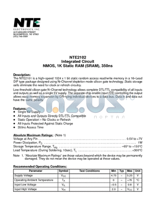 NTE2102 datasheet - Integrated Circuit NMOS, 1K Static RAM (SRAM), 350ns