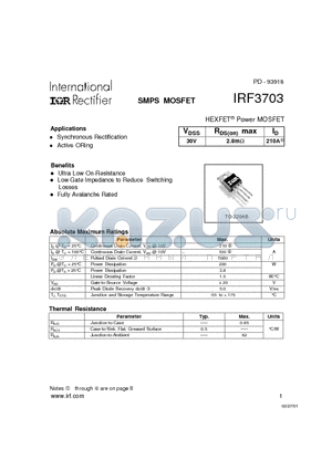 IRF3703 datasheet - Power MOSFET(Vdss=30V, Rds(on)max=2.8mohm, Id=210A)