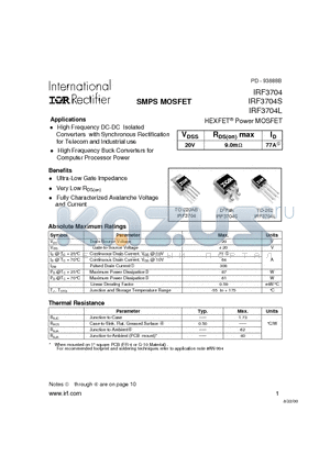 IRF3704 datasheet - Power MOSFET(Vdss=20V, Rds(on)max=9.0mohm, Id=77A)