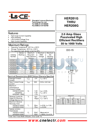 HER201G datasheet - 2.0Amp glass passivated high efficient rectifiers 50to1000 volts