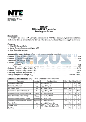 NTE214 datasheet - Silicon NPN Transistor Darlington Driver