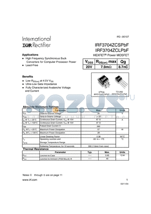 IRF3704ZCLPBF datasheet - HEXFET Power MOSFET